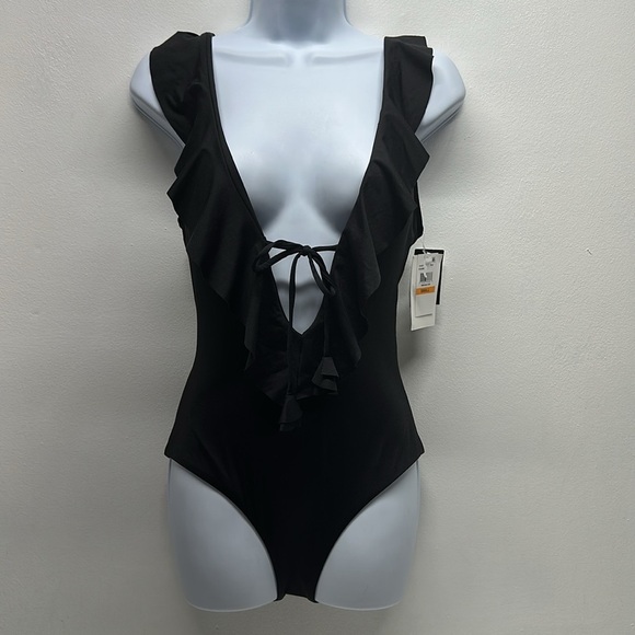 Becca Socialite Swimsuit One Piece V-Neck Ruffled Plunging Black New Size Small - Picture 2 of 12